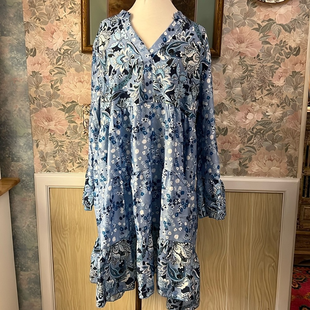 Women's Beautiful Blue Long Sleeve Floral Dress Size: 4XL